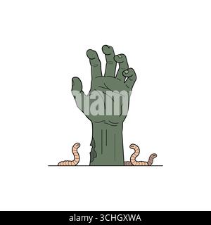 Mano zombie che si solleva da terra con vermi ad Halloween Illustrazione Vettoriale