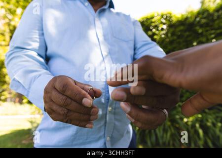 Al matrimonio, scambiandosi le fedi all'aperto, coppia senior che celebra l'amore e l'impegno insieme Foto Stock
