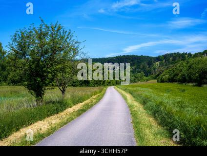 Strada di campagna solitaria che attraversa la valle del Altmühltal (Baviera, Germania) Foto Stock