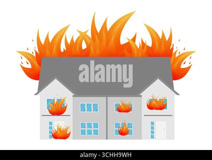 Casa in fiamme. Fuoco in casa. Casa in fiamme. Illustrazione vettoriale dell'assicurazione antincendio isolata su sfondo bianco. Illustrazione Vettoriale