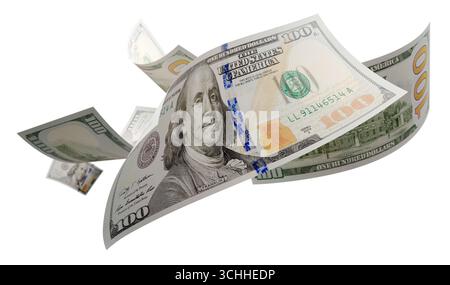 Banconote da 100 dollari statunitensi in caduta casuale isolate su sfondo bianco. Foto Stock