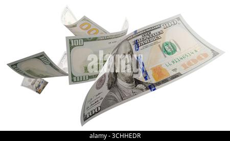 Banconote da 100 dollari statunitensi in caduta casuale isolate su sfondo bianco. Foto Stock