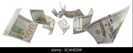 Banconote da 100 dollari statunitensi in caduta casuale isolate su sfondo bianco. Foto Stock