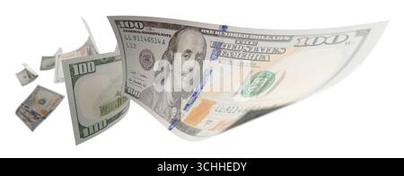 Banconote da 100 dollari statunitensi in caduta casuale isolate su sfondo bianco. Foto Stock
