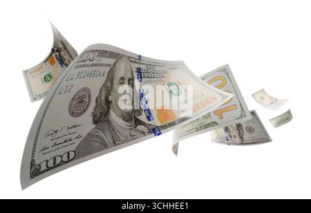 Banconote da 100 dollari statunitensi in caduta casuale isolate su sfondo bianco. Foto Stock