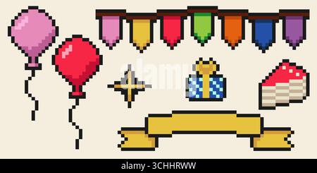 Set di elementi pixel a 8 bit per la festa di compleanno. Palloncini, regalo, nastro e torta pixelati Illustrazione Vettoriale