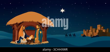 Presepe della Sacra famiglia con Gesù bambino nella Capanna sotto la Stella di Betlemme Illustrazione Vettoriale