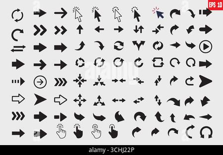 Frecce grandi icone nere impostate, icona freccia, frecce semplici moderne, cursore di raccolta vettoriale freccia Illustrazione Vettoriale