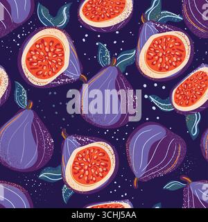 Un'illustrazione accattivante e colorata che mostra i fichi su un ricco sfondo viola, ideale per i tessuti Illustrazione Vettoriale