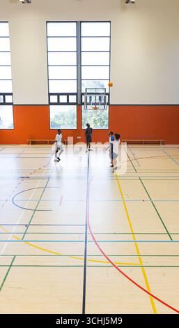 Diversi amici maschi che lanciano pallacanestro verso il cerchio in palestra su un campo raffinato Foto Stock