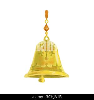 Campanella magica dorata Gioielli rossi in pietra rubina e motivo decorato a nastro illustrazione isolata in acquerello. Per l'antiquariato vintage e retrò Foto Stock