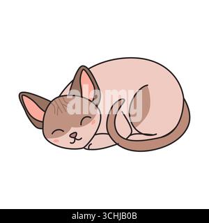 Un gatto dormiente carino in stile cartoni animati con un cappotto marrone chiaro e crema. Il gatto si arriccia comodamente, mostrando la sua postura rilassata e tranquilla Illustrazione Vettoriale