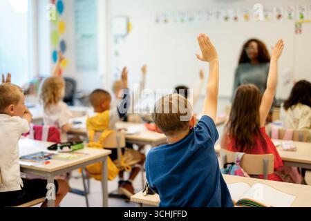 Vista posteriore degli studenti che alzano le mani mentre sono seduti in classe durante la lezione Foto Stock