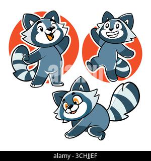 Set di divertenti personaggi di procioni cartoni animati in pose dinamiche con sfondi circolari rossi - illustrazione vettoriale per contenuti per bambini, merchandising, e. Illustrazione Vettoriale