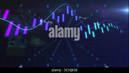 Visualizzazione del grafico su griglia esagonale, con barre a candela, linea di tendenza curva e etichette numeriche mobili Foto Stock