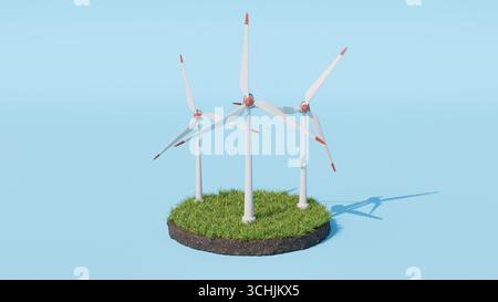Turbine eoliche 3d nella pace dell'isola verde. Concetto ecologico di energia pulita rinnovabile. Isolato su sfondo blu. Foto Stock