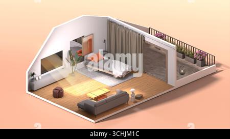 Una visualizzazione isometrica 3D accogliente di un layout moderno di appartamento loft, che mostra un soggiorno, un piccolo angolo letto e una terrazza Foto Stock