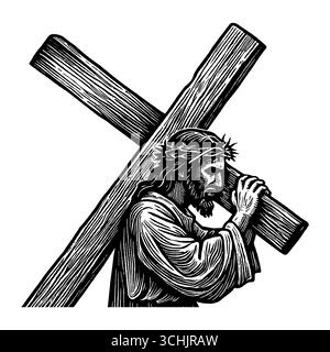 Gesù Cristo porta una croce di legno a Golgota Illustrazione Vettoriale