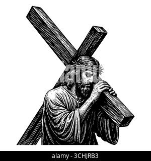 Gesù Cristo porta una croce di legno a Golgota Illustrazione Vettoriale