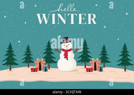 Cartolina Hello Winter con pupazzo di neve e illustrazione vettoriale di paesaggi innevati. Illustrazione Vettoriale