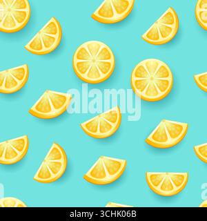 Fondo di frutta al limone senza cuciture per striscioni, stampa su tessuto, etichette, stampa su T-shirt. Disegno per bambini in stile cartoon sul retro turchese Illustrazione Vettoriale
