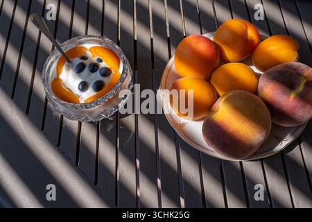 Lo yogurt ricoperto di albicocche e mirtilli freschi si trova in una ciotola di vetro, accompagnato da un piatto di pesche mature e albicocche. Foto Stock