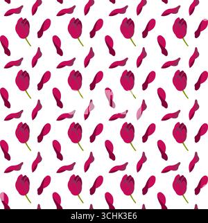 Tulipani rossi in stile cartoni animati. Graziosi fiori primaverili. Motivo senza cuciture. Illustrazione vettoriale. Illustrazione Vettoriale