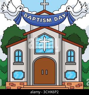 Chiesa del giorno del battesimo illustrazione colorata dei cartoni animati Illustrazione Vettoriale