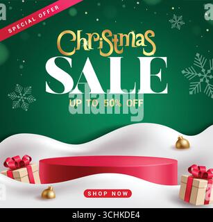 Design della clipart del poster dei saldi natalizi. Saldi natalizi tipografia testo clipart offerta speciale sconto con palco rosso, confezione regalo e palle sulla neve Illustrazione Vettoriale