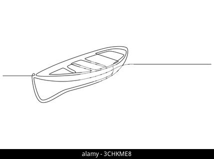 Canoa sull'acqua linea singola Art Disegno a linea singola di una piccola imbarcazione, semplice illustrazione di una barca lineare galleggiante sull'acqua, Illustrazione Vettoriale