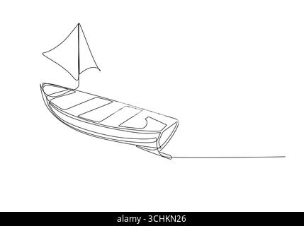 Canoa sull'acqua linea singola Art Disegno a linea singola di una piccola imbarcazione, semplice illustrazione di una barca lineare galleggiante sull'acqua, Illustrazione Vettoriale