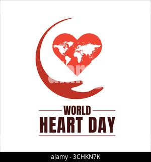 Una grafica per la giornata mondiale del cuore presenta un cuore rosso con una mappa del mondo cullata da una mano, che promuove la consapevolezza e la cura della salute del cuore a livello globale. Illustrazione Vettoriale
