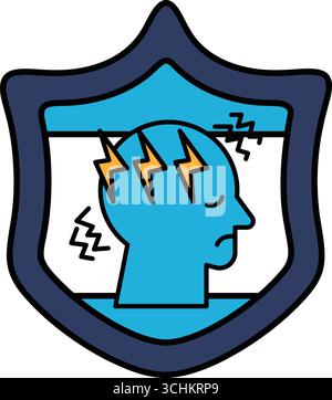 Un uomo con mal di testa è mostrato su uno scudo. Lo scudo è bianco e nero. La testa dell'uomo è mostrata con un fulmine sopra. Lo scudo è un simbolo Illustrazione Vettoriale