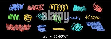 Strisci vettoriali decorativi a mano libera e tracce graffiate con un'audace trama a raschietto. Arriccia, turbolenza e onde in rosso pop, verde, blu, turchese e. Illustrazione Vettoriale