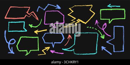Raccolta di elementi di gesso disegnati a mano. Set di buble da disegno in pastello con frecce in stile graffiti. Scrittura a mano blu vettoriale, verde giallo antracite Illustrazione Vettoriale