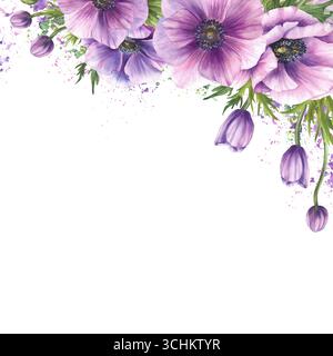 Fiori di anemone con boccioli rosa e foglie su acquerello dipinto di viola, verde, schizzi, sfondo macchiato. Illustrazione isolata del telaio angolare Foto Stock