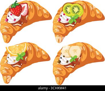 Illustrazione vettoriale di croissant con panna montata e condimenti di frutta fresca, colori vivaci Illustrazione Vettoriale