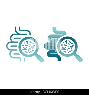 Intestini con icona del vettore microbiota. Bucce o intestino e viscere con batterio o microflora una lente d'ingrandimento. Illustrazione Vettoriale