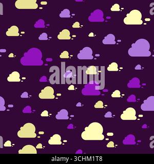 Simpatico motivo senza cuciture con sfondo nuvole viola. Sfondo con simboli a nuvola per tessuti per bambini, asilo nido. Illustrazione Vettoriale