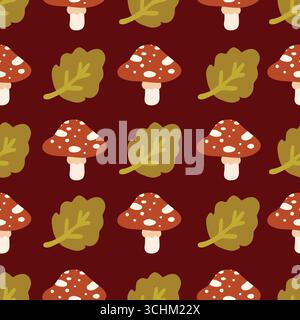 Funghi autunnali con motivo foglie verdi Illustrazione Vettoriale