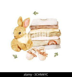 Un bel coniglietto con vestiti e stivaletti per bambini. Clipart isolato in acquerello in colori pastello per stampe da vivaio, inviti per la doccia dei bambini, articoli per bambini Foto Stock