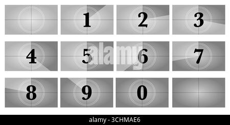 conto alla rovescia 16x9 con sfondo grunge e inquadrature retrò della fotocamera. Numeri timer classici per l'introduzione al cinema o il design di presentazione. Vecchio Illustrazione Vettoriale