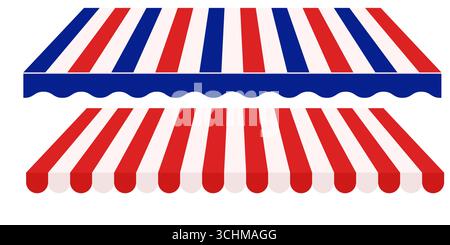Illustrazione vettoriale del tettuccio della tenda rosso, bianco e blu. Tetto in tenda a righe per uso commerciale o ristorante. Parasole classico all'aperto in stile discreto isolato Illustrazione Vettoriale