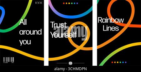 Moderno poster con linee di gradiente astratte. Forme del nastro arcobaleno vivaci ed elementi ondulati a turbolenza su sfondo scuro Illustrazione Vettoriale