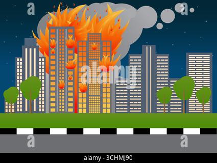 Edificio in fiamme. Edificio in fiamme. Grattacieli in fiamme da guerra, terremoto, esplosione di bombe. Illustrazione vettoriale. Illustrazione Vettoriale