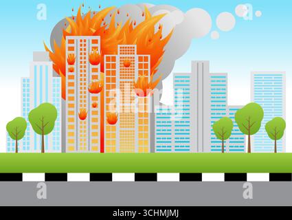 Edificio in fiamme. Edificio in fiamme. Grattacieli in fiamme da guerra, terremoto, esplosione di bombe. Illustrazione vettoriale. Illustrazione Vettoriale