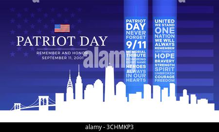 9/11 USA non dimenticare mai 11 settembre 2001. Illustrazione concettuale vettoriale per il banner o il poster del Patriot Day USA. Messaggio commemorativo fatto di Twin Towers AN Illustrazione Vettoriale