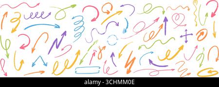 Divertente collezione di frecce di pastelli disegnati a mano con gesso testurizzato e tratti a matita. Linee di schizzo e ondulate Illustrazione Vettoriale