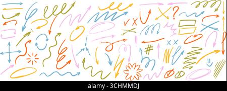 Frecce con pennello a matita con scarabocchi, croci, caselle di controllo e tratti di sottolineatura astratti. Schizzi di elementi di design disegnati a mano Illustrazione Vettoriale