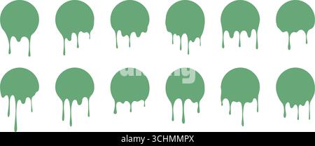 Set di cerchi di vernice per gocciolamento di fusione menta. Gocce di liquido e forme astratte. Illustrazione Vettoriale